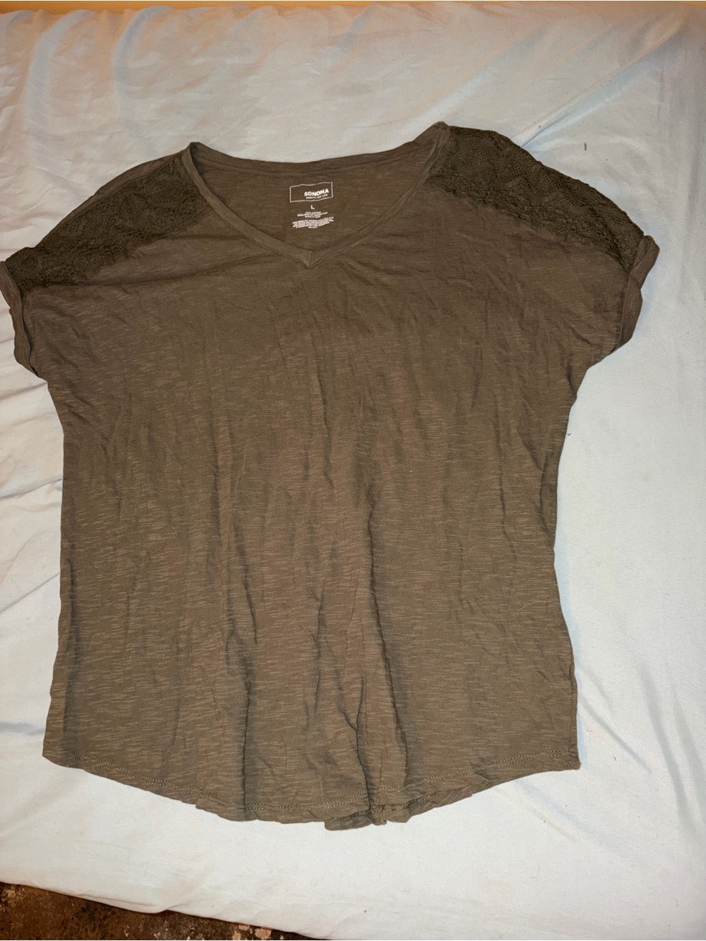 Sonoma Olive V-Neck Tee with Lace Shoulder Panels